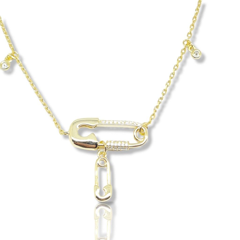 Gold plated silver 925° safety pins necklace with white zircon (code NZB103340)